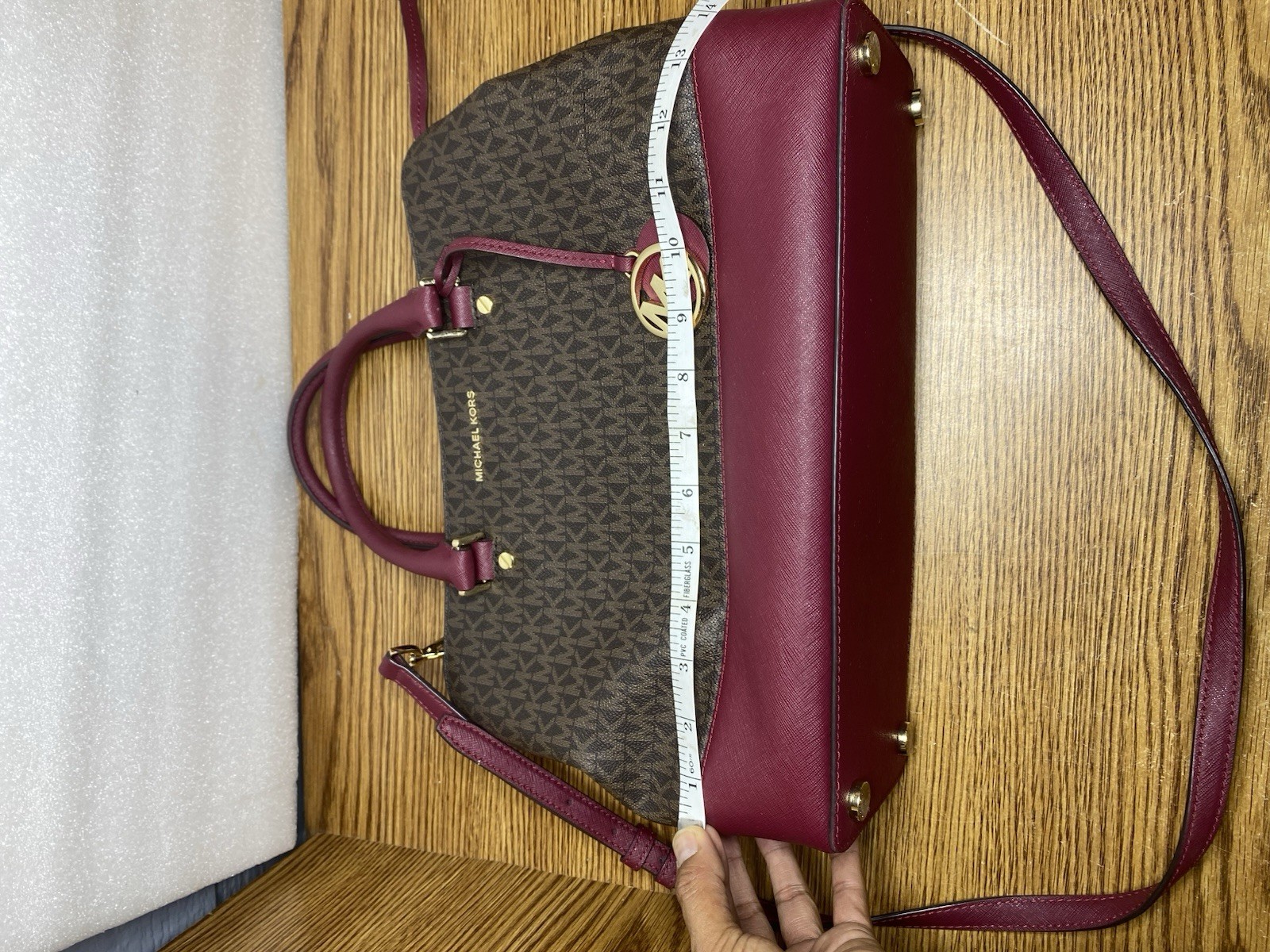 Michael Kors Savannah Signature Satchel Purse Brown Red Wine Cherry Gold