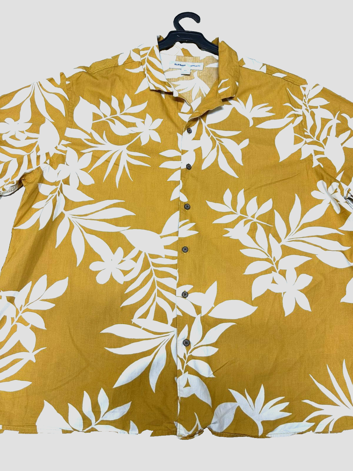 Old Navy Men XXL Tropical Leaf Print Short Sleeve Button Up Shirt Mustard Yellow