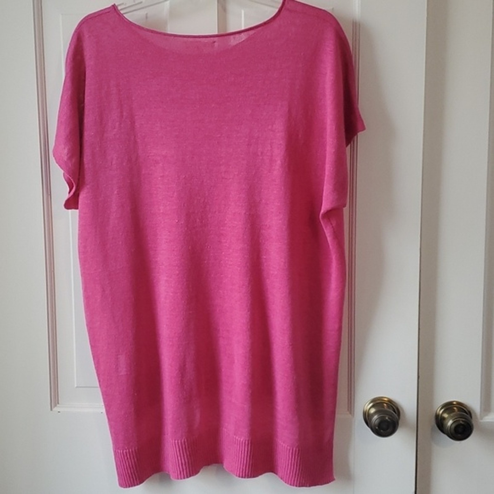 EILEEN FISHER 100% LINEN BRIGHT PINK SHORT SLEEVE SWEATER SIZE SMALL MINIMALIST