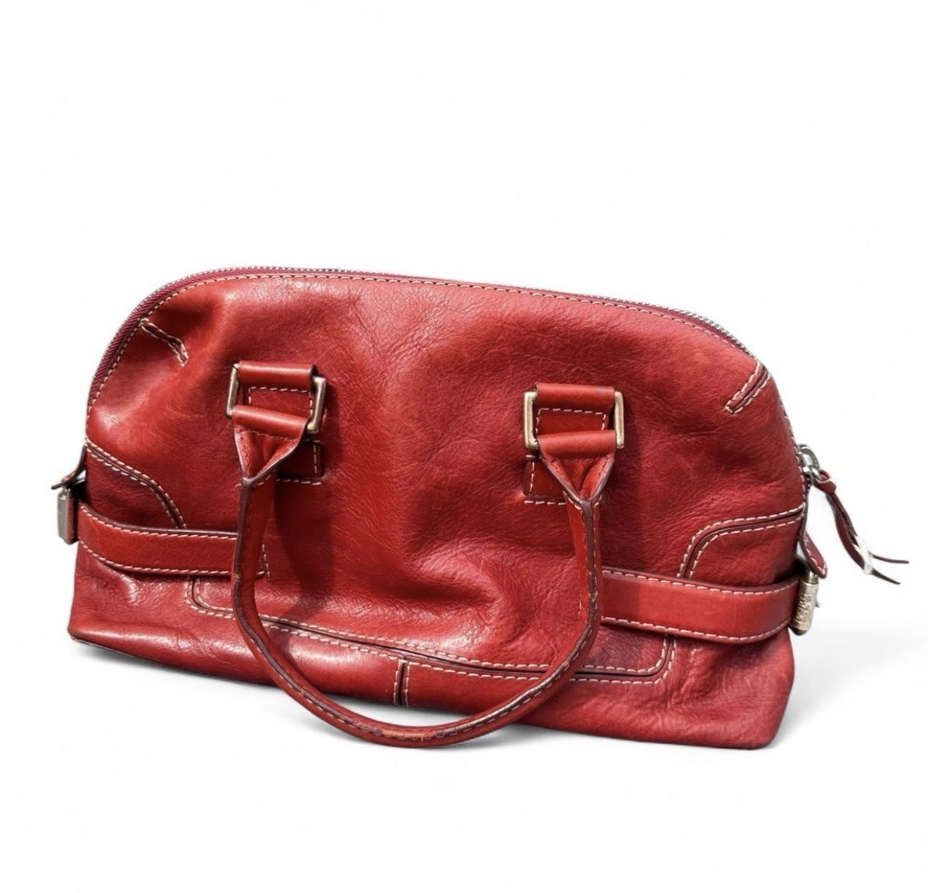 Michael Kors Red Satchel Top Handle Bag with Zipper, Buckle Accent