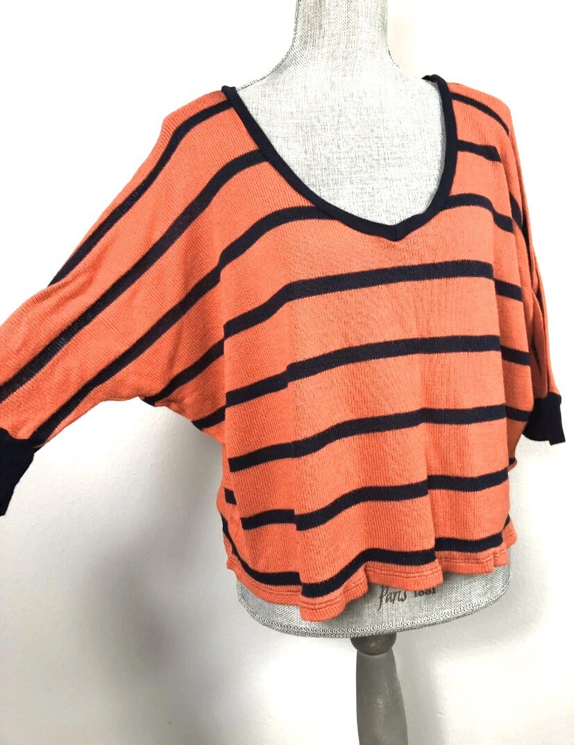 Splendid Womens M Orange Stripe Oversized Batwing Dolman Sleeve Vneck Crop Top