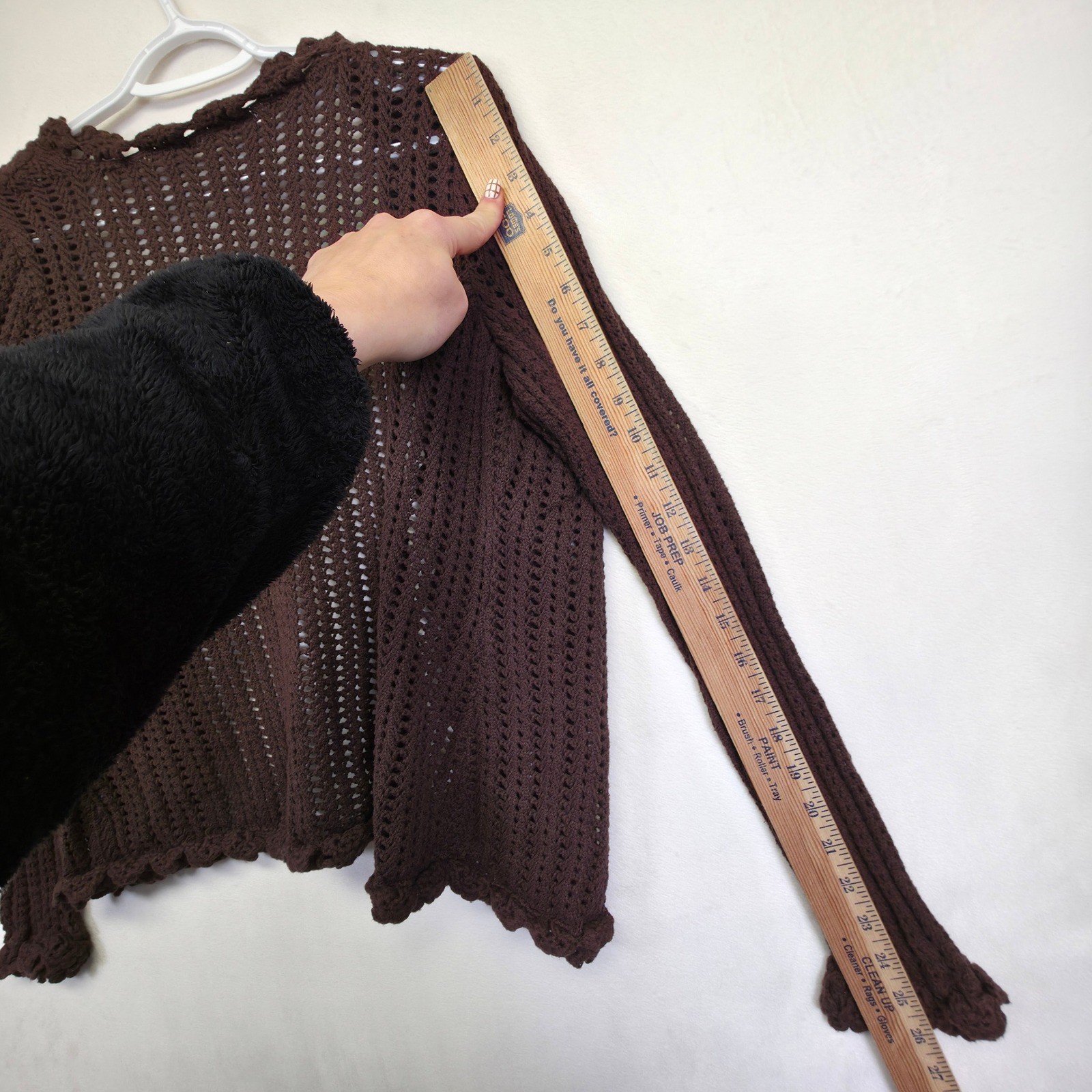 Crochet Knit Cardigan Womens L Brown Open Ruffle Ribbed Layering Lounge Sweater