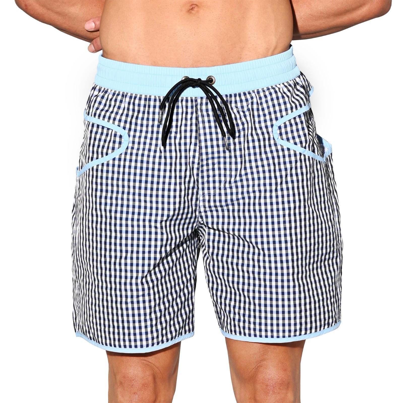 Men’s Lightweight Pocket Board Shorts Fast Dry Surf Lining Swimwear Plaid B4570