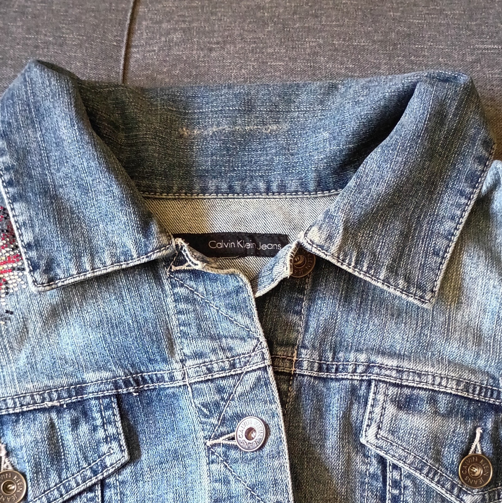 Calvin Klein Jeans Women’s Blue Embroidered Button Jacket Collared Pockets 3XL