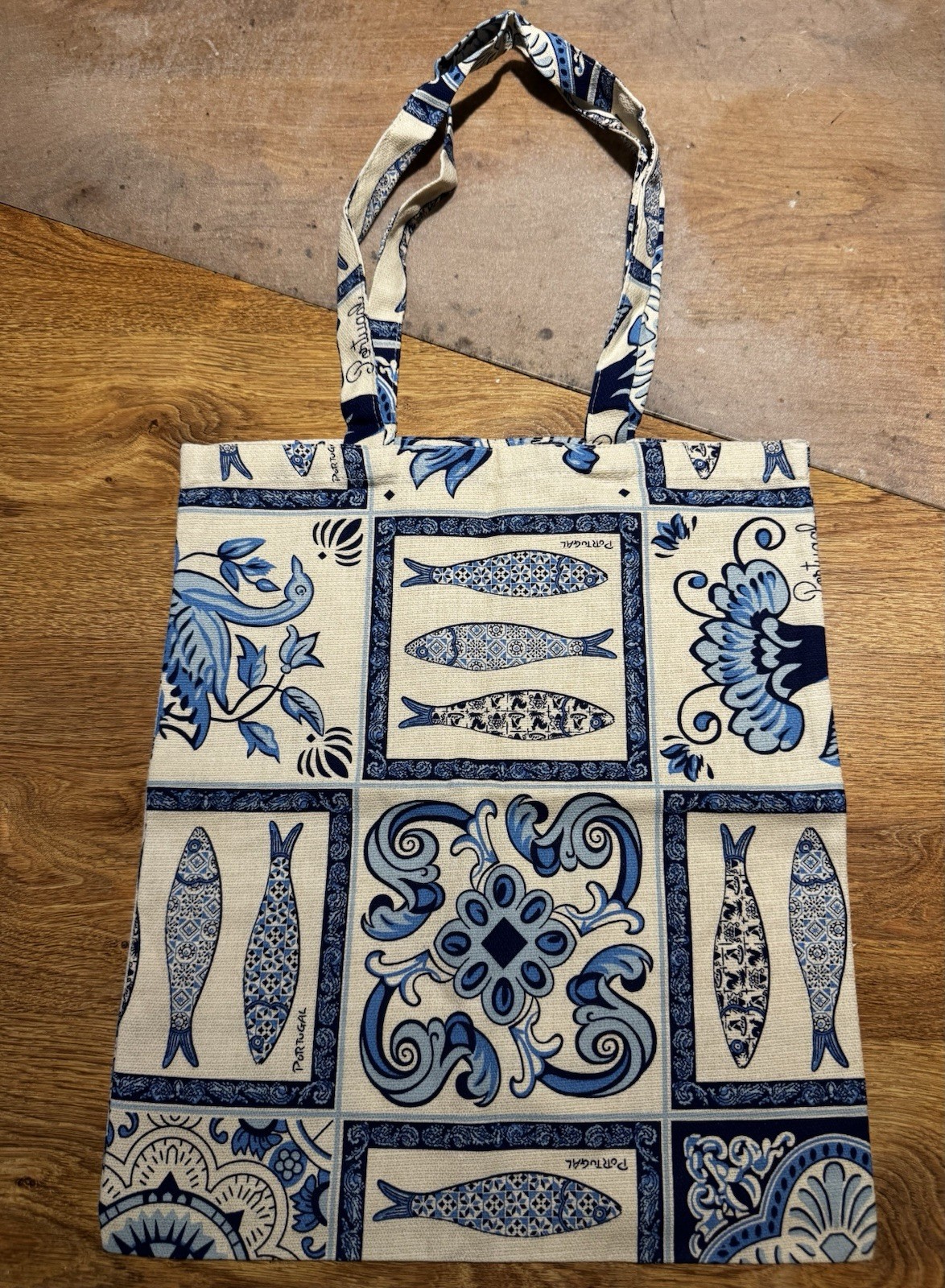 Made In Portugal Blue White Portuguese Tiles Azulejos Sardines Cotton Tote Bag