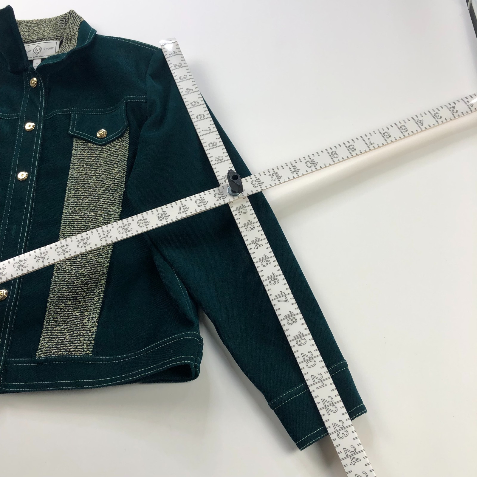 St. John Sport Marie Gray Size P Petite Button Blazer Jacket Dark Green PLS READ