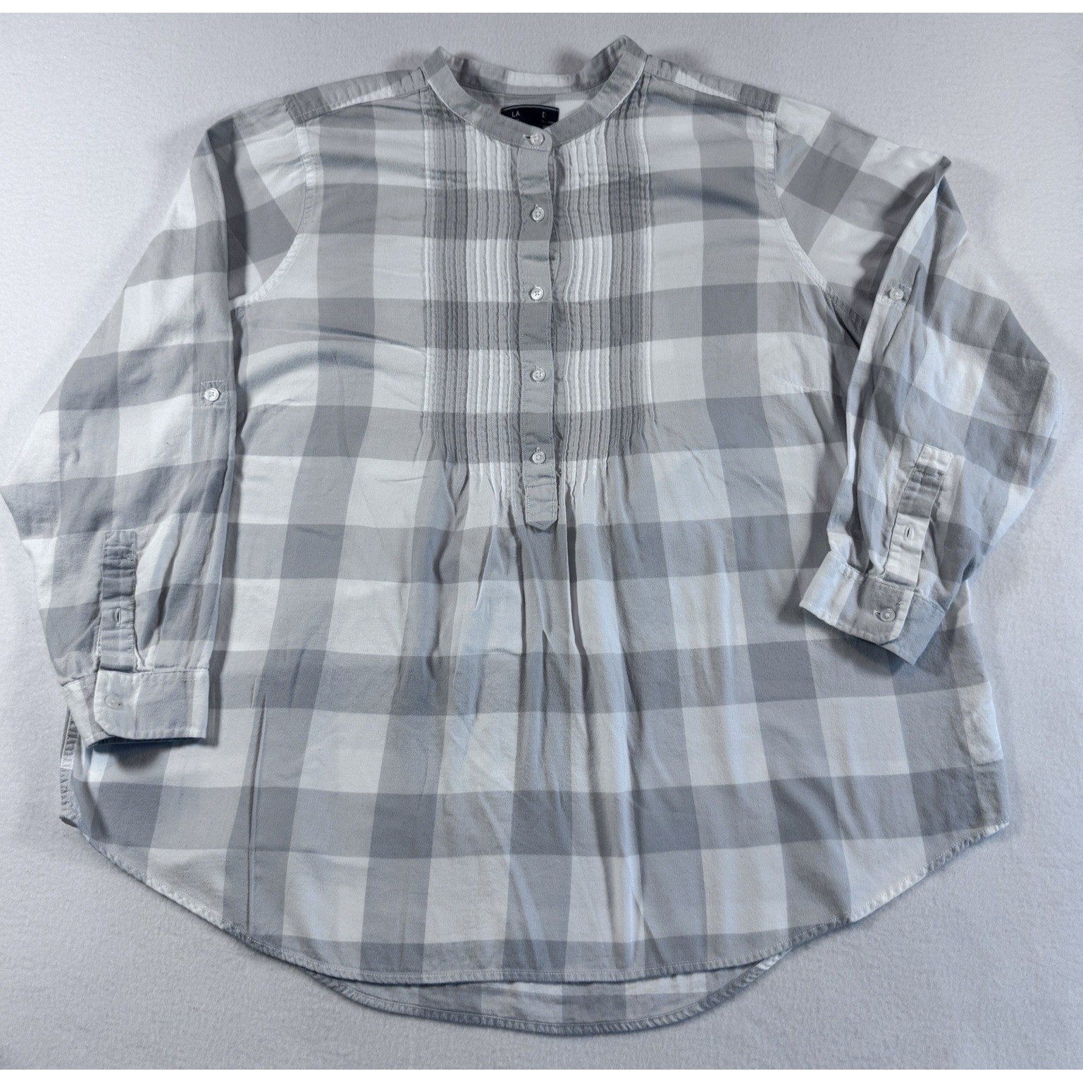 Lands End Flannel Popover Pintucked Shirt Womens 20W Ivory Gray Buffalo Plaid