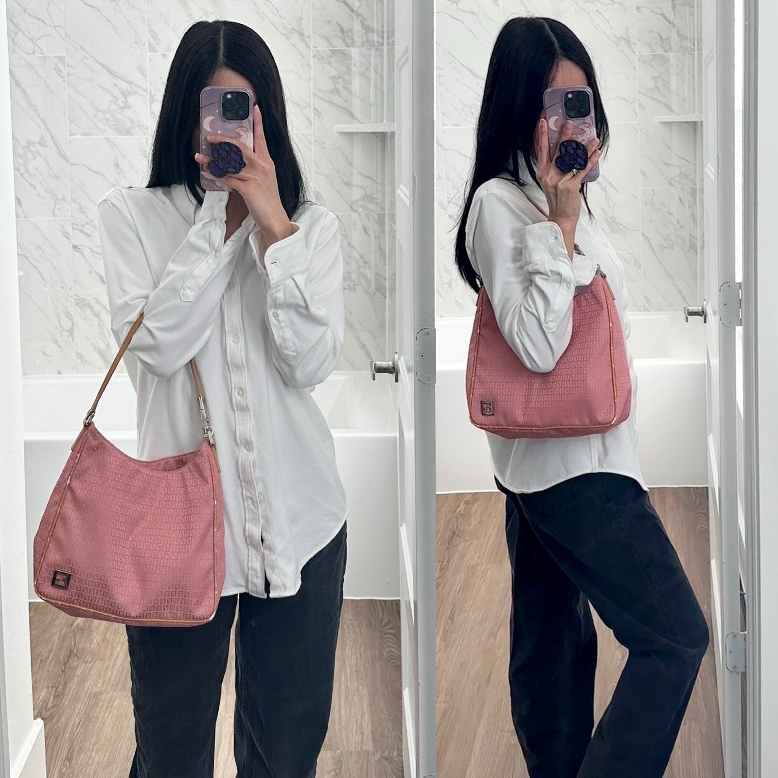 ✨Authentic FENDI FF Zucchino Canvas Shoulder Bag Pink