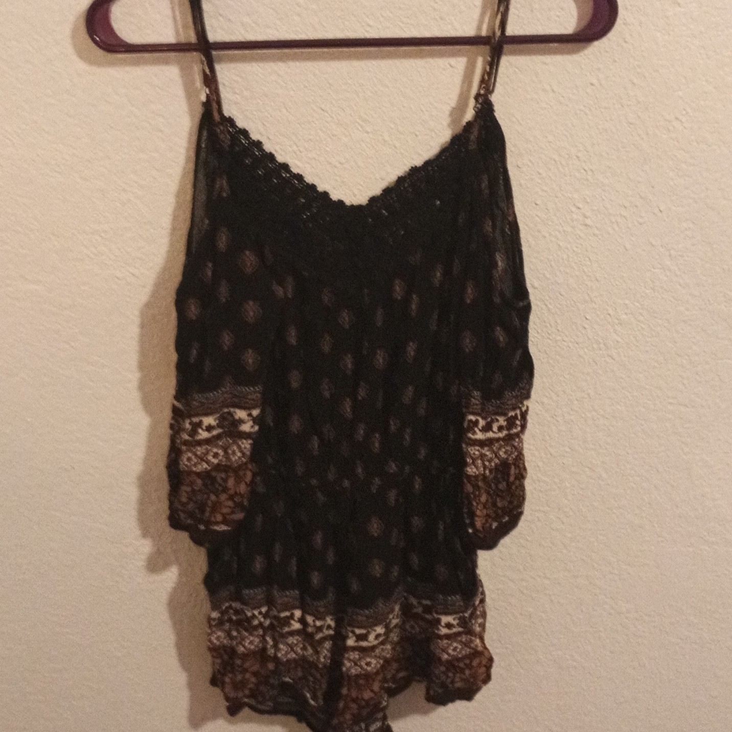 Forever 21 Black/Brown Geometric Smocked Lace Trim V-Neck Romper M
