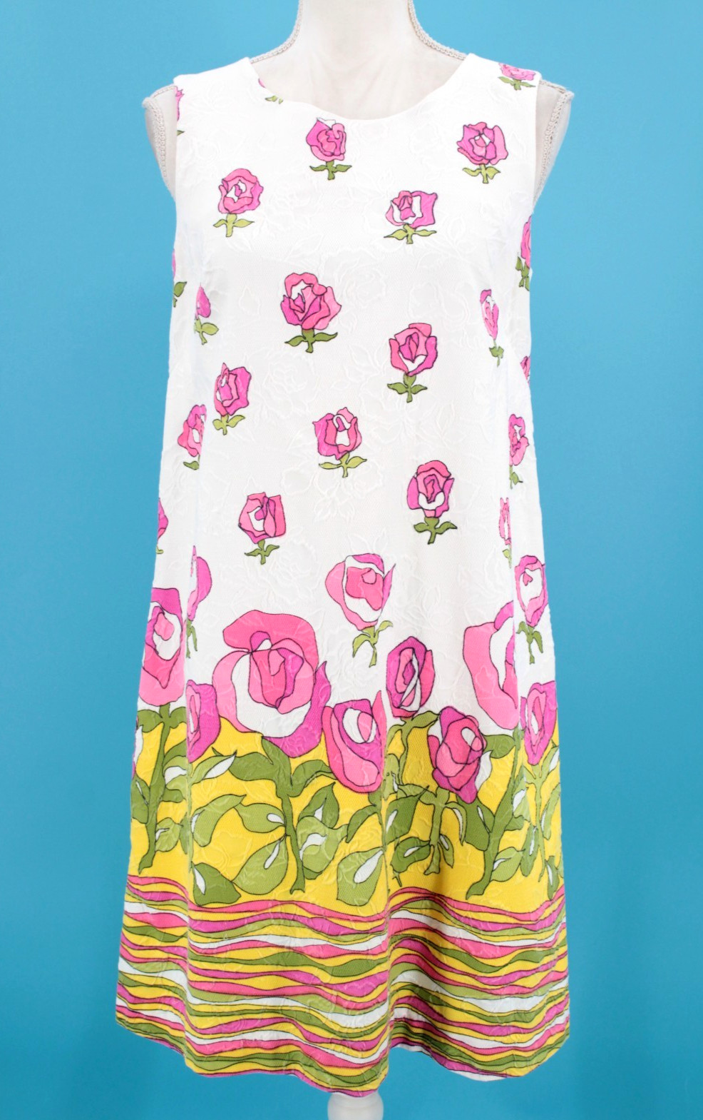 VTG Women’s 60s White Pink & Yellow Abstract Rose Print Shift Dress S/M 1960s