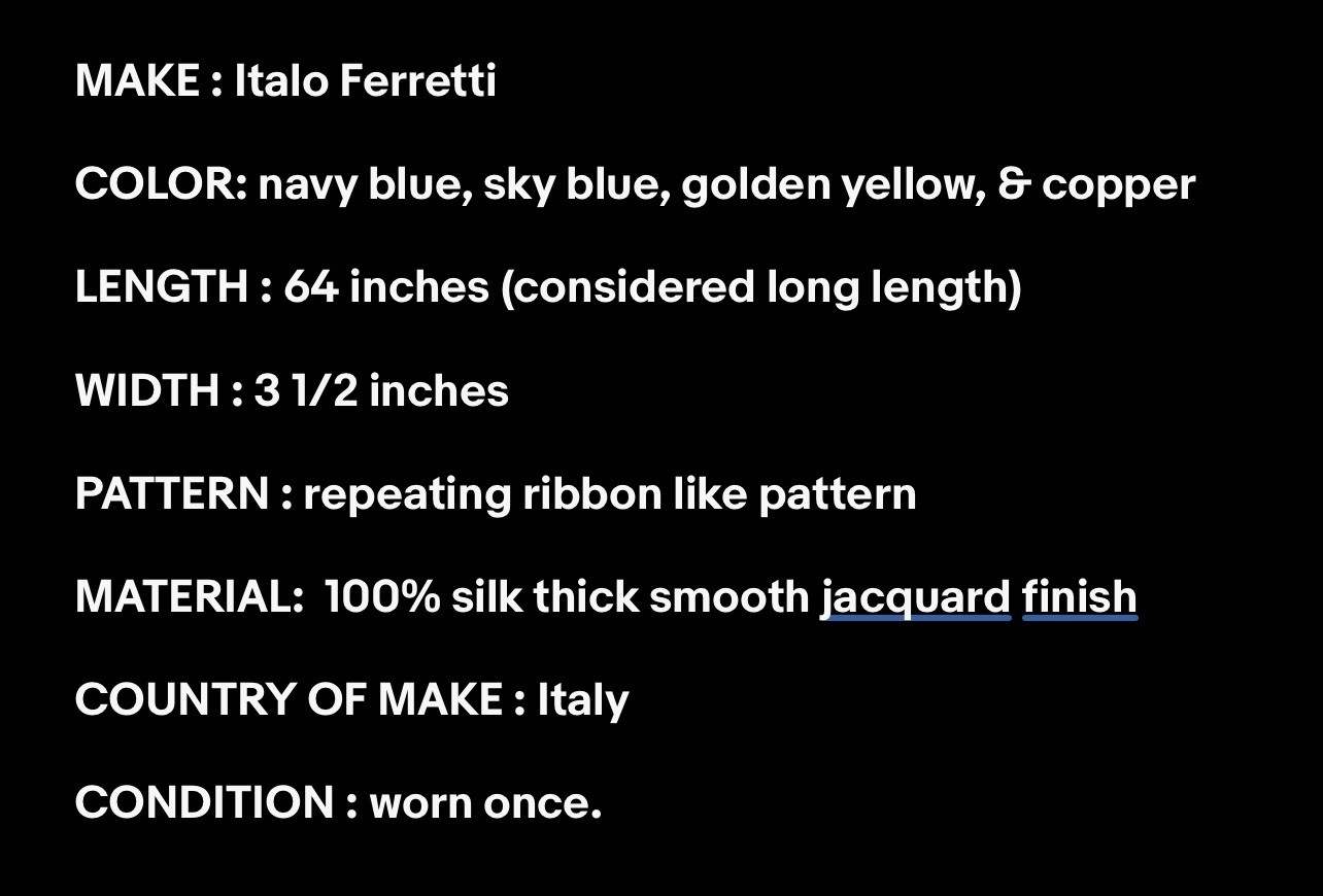 Italo Ferretti Italy Maus & Hoffman Navy, Blue, Gold, Copper Silk Tie 64” Long