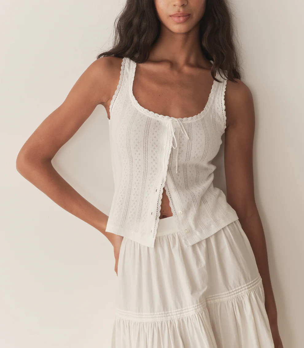 Doen Lois Tank Top size S Pointelle Knit Salt White Button Front Lace Trim