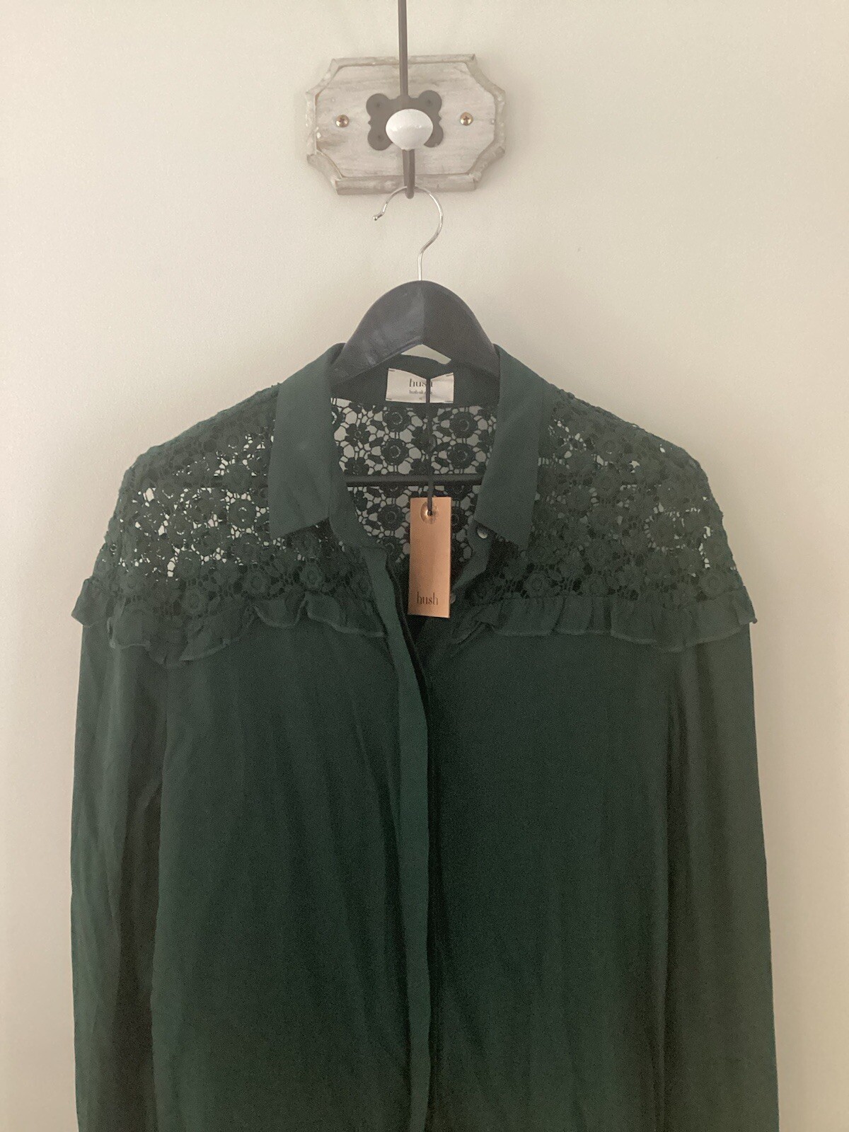 Hush Blouse, UK 12, Dark Green (Pine) Brooklyn Lace Blouse, BNWT