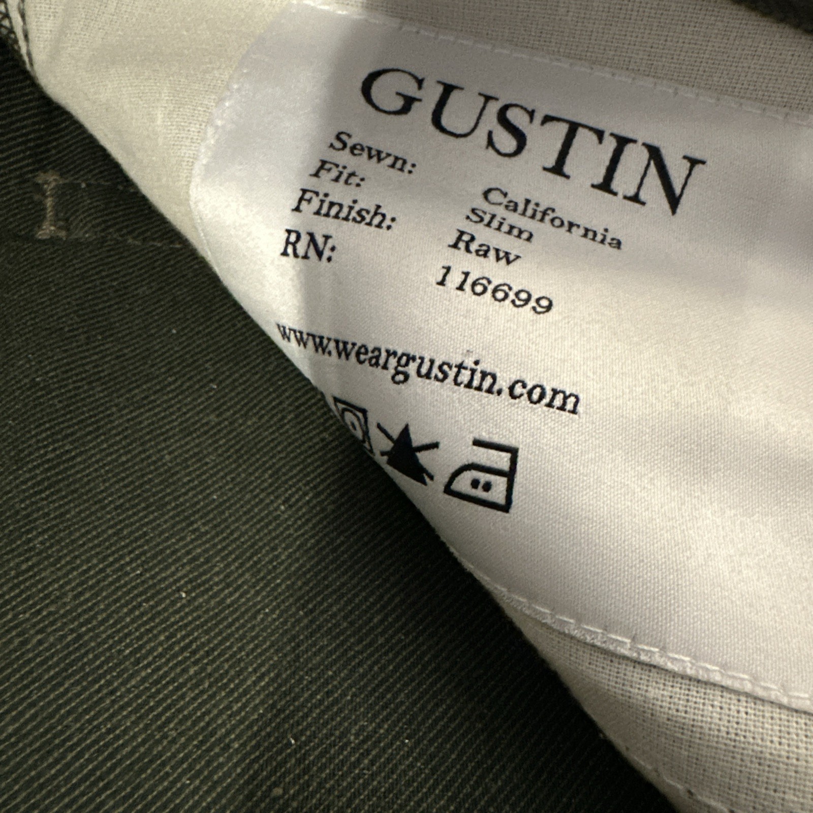 Gustin Mens Slim Fit Raw Selvedge Jeans Olive Green Size 34 x34 Made n USA Denim