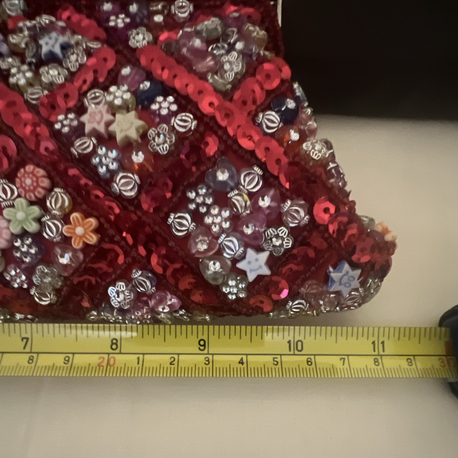 NEW Red Beaded Sequin Floral Lock Clutch satin Lined three lengths