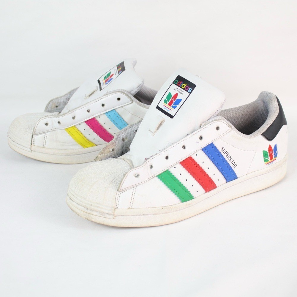 Adidas White with Multicolored Stripes Superstar Shell Toe Sneakers Kids Size 6