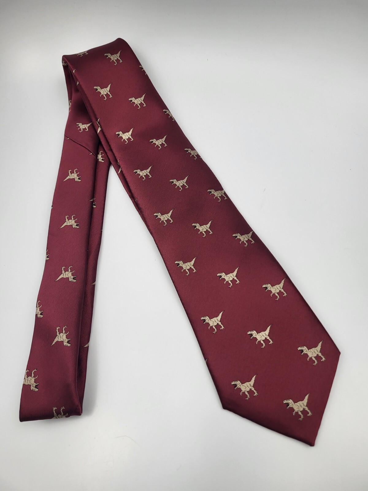 Barry Wang Silk Tie Red Gold Geometric Dinosaurs Men Necktie Italy 60 x 3.25