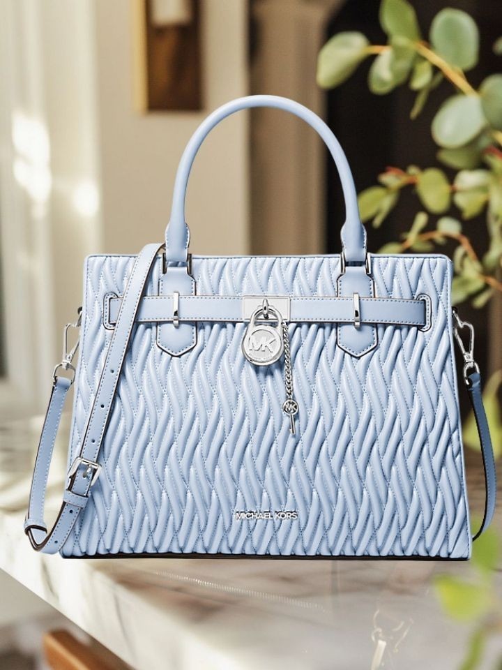 Michael Kors Hamilton Women Medium Matelassé Crossbody Satchel Bag Pale Ocean