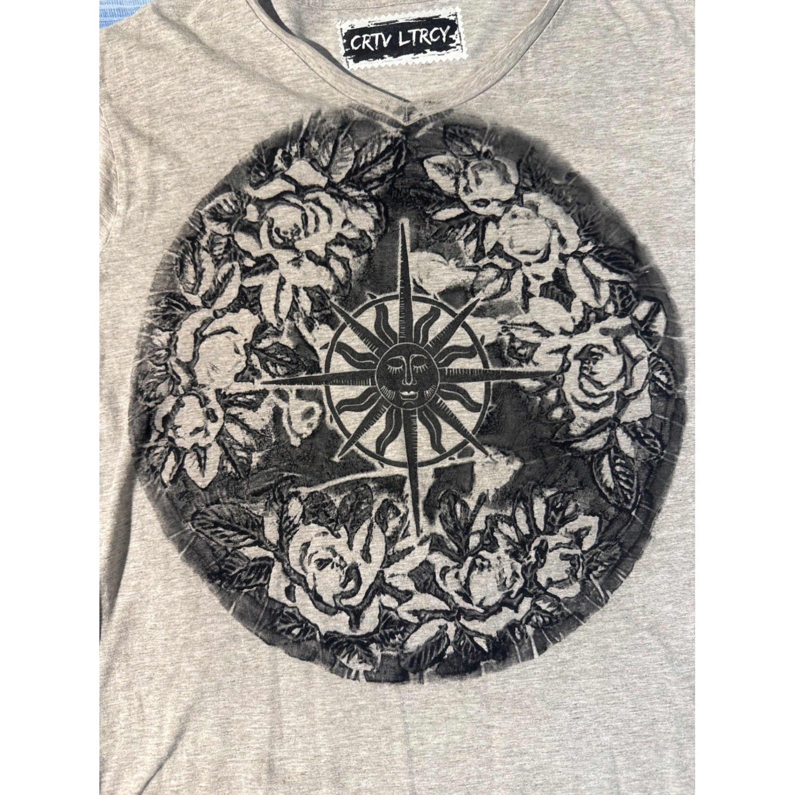 Upcycled Block Print Sun Rose Compass Tee Heather Grey Fits M-L Sun Collection