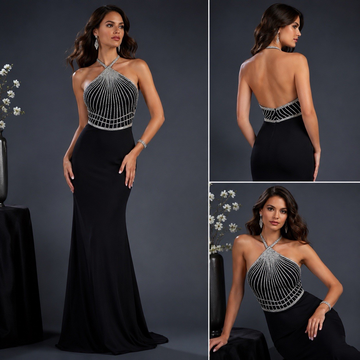 COYA Collection Black Beaded Open Back Evening Gown Dress Size S