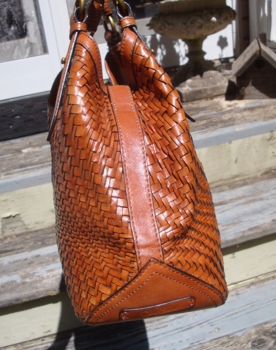 COLE HAAN Genevieve Brown Leather Boho Handbag Satchel Woven Large Tote Weave