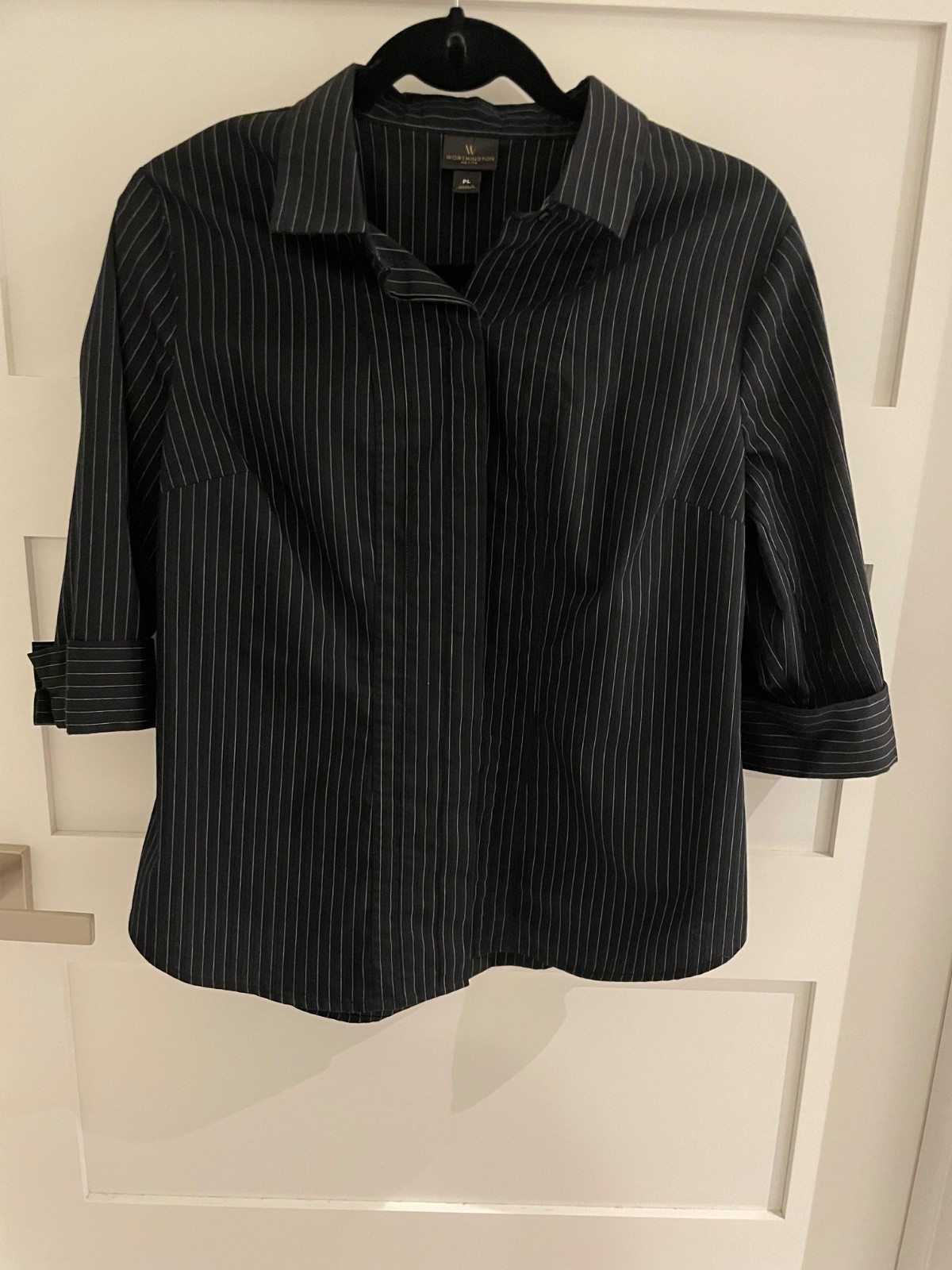 Worthington Petite Large PL Black and White Striped Blouse Top Shirt Career Work