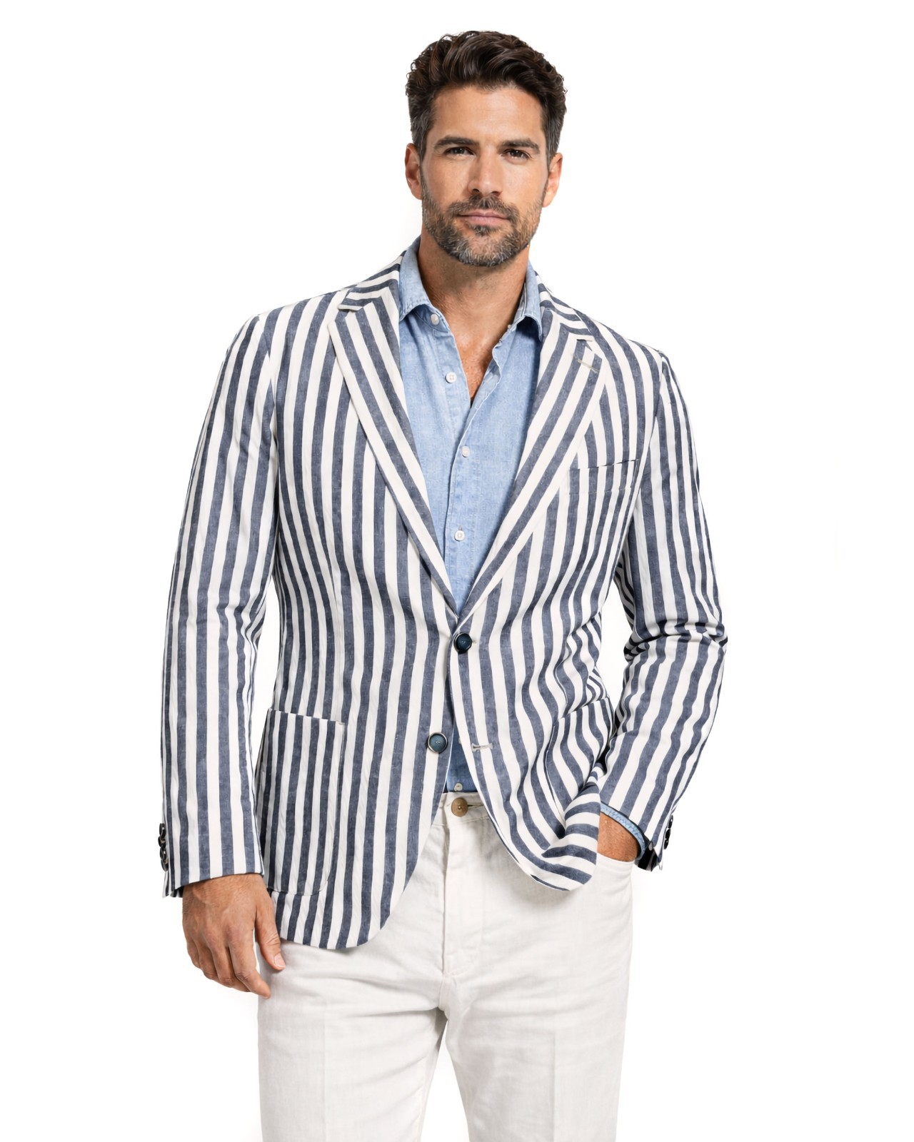 NWT EZZELINO SPORT COAT blazer jacket white blue cotton linen luxury Italy 54