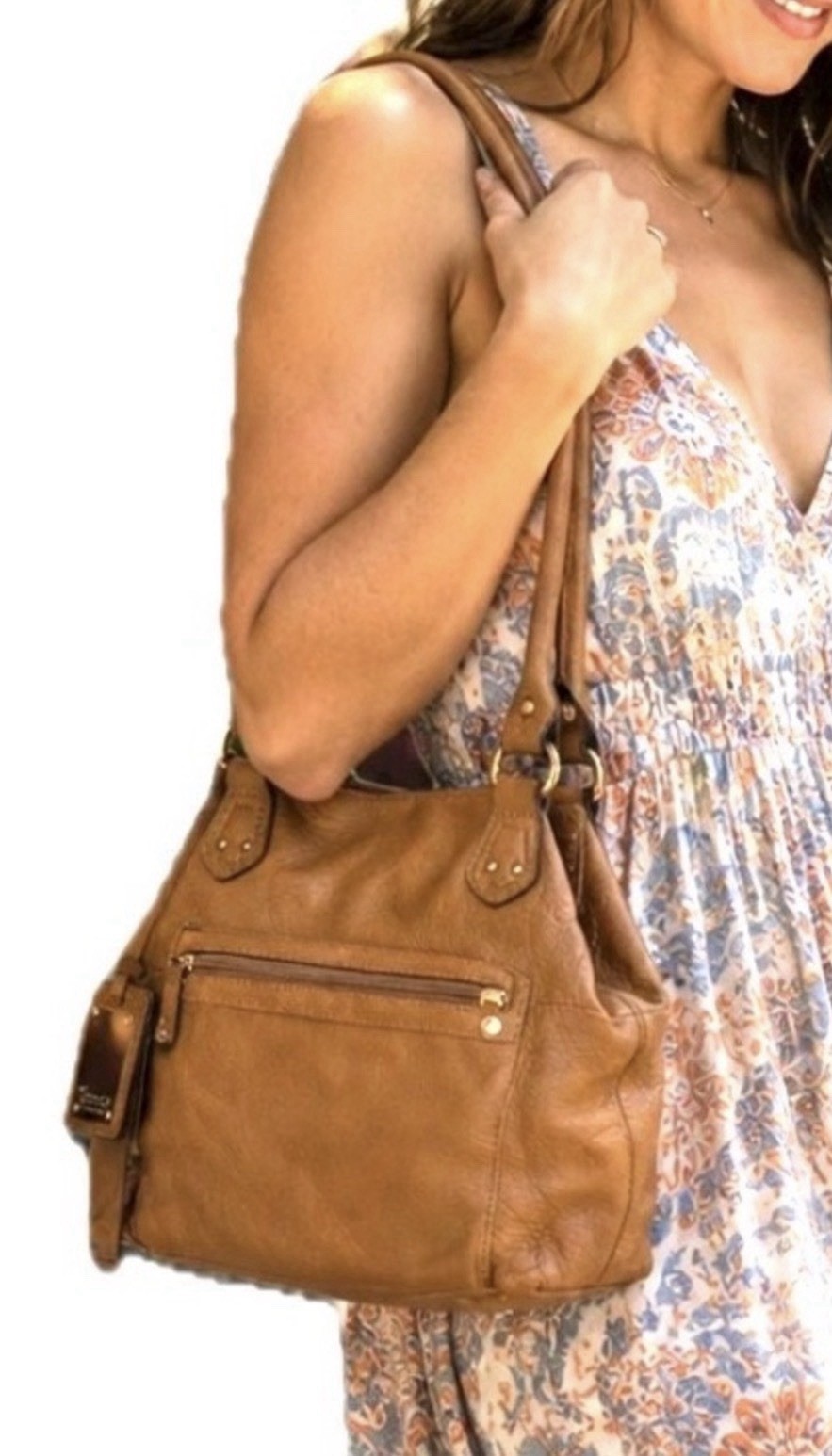 Tignanello Brown Pebbled Shoulder Bag Medium Zip Double Handles Pockets Lined