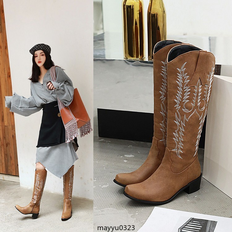 Womens Embossed Zip Mid Block Heel Cowgirl Mid Calf Knee High Boots Western PLus