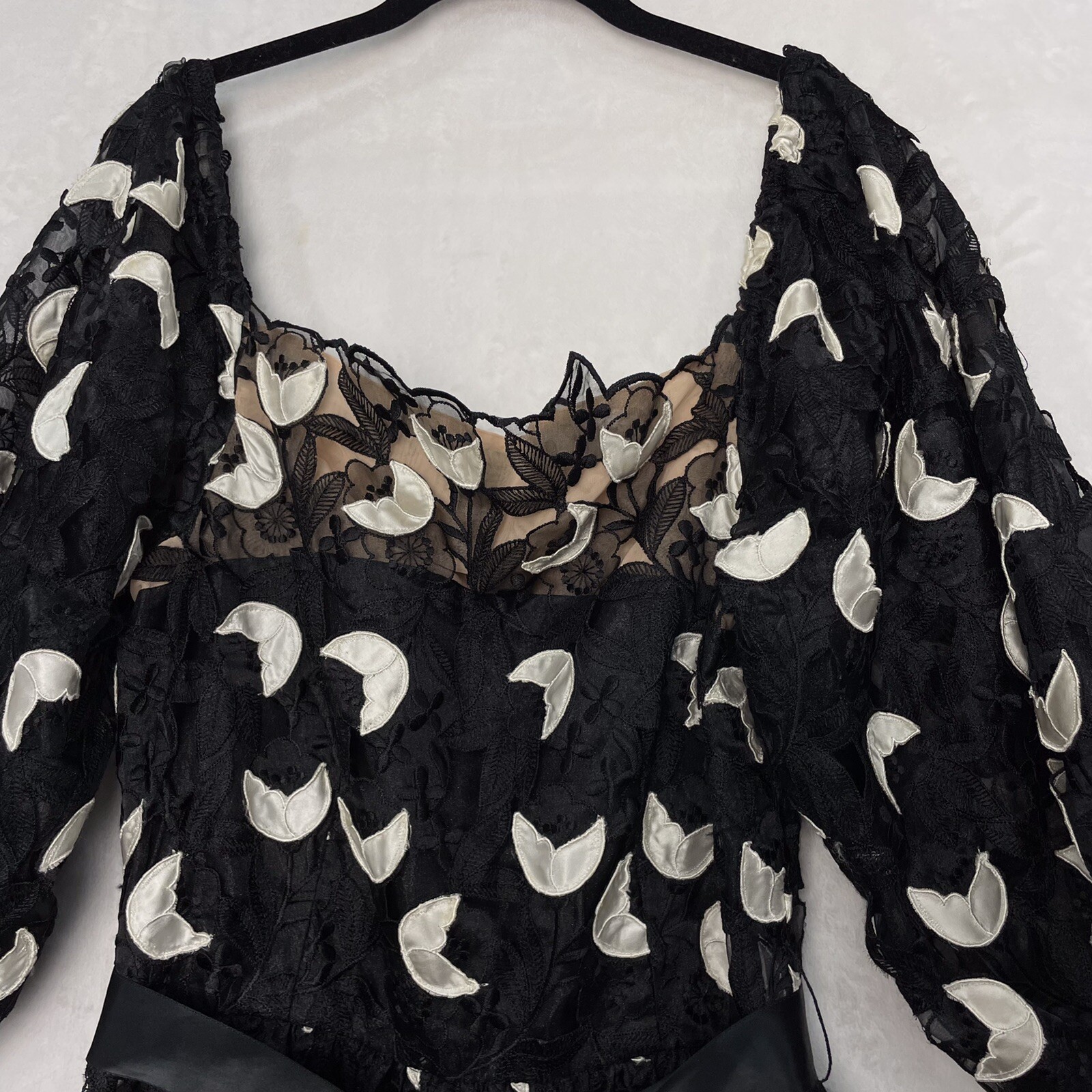 VTG Richilene New York Appliqué Dress Black White Floral Lace 14 L Union 80s USA