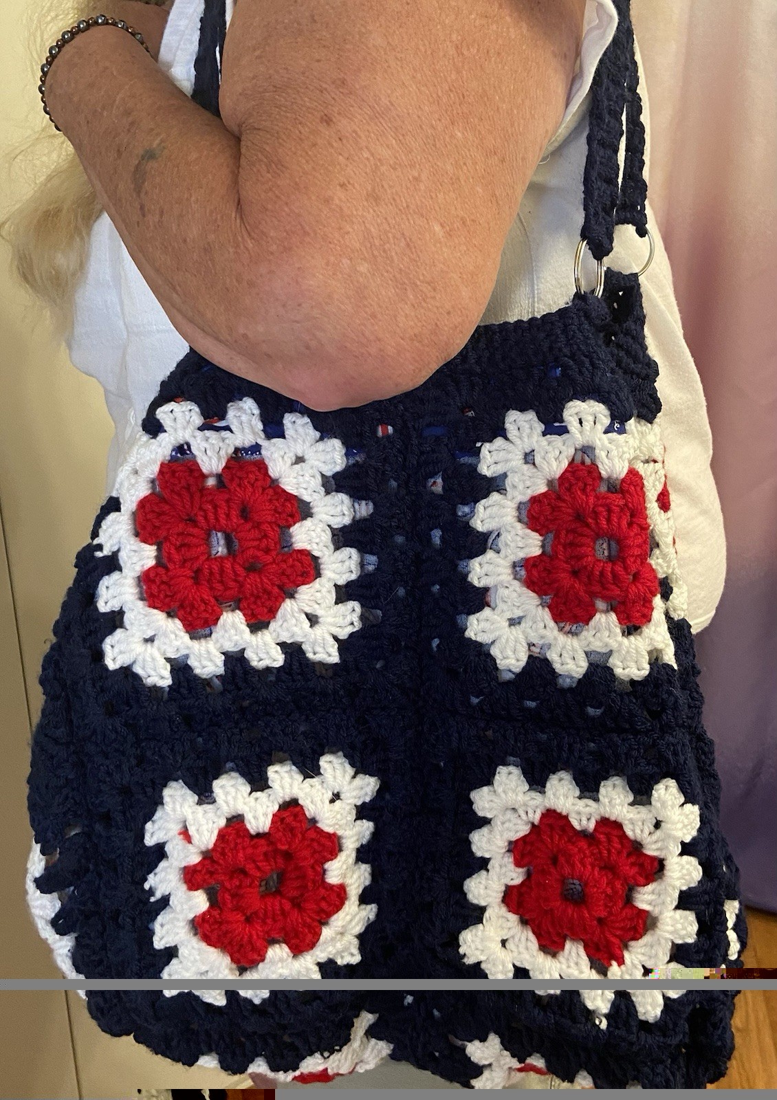 Handmade Crochet Red, White,Blue farmer’s market and all around great lined tote