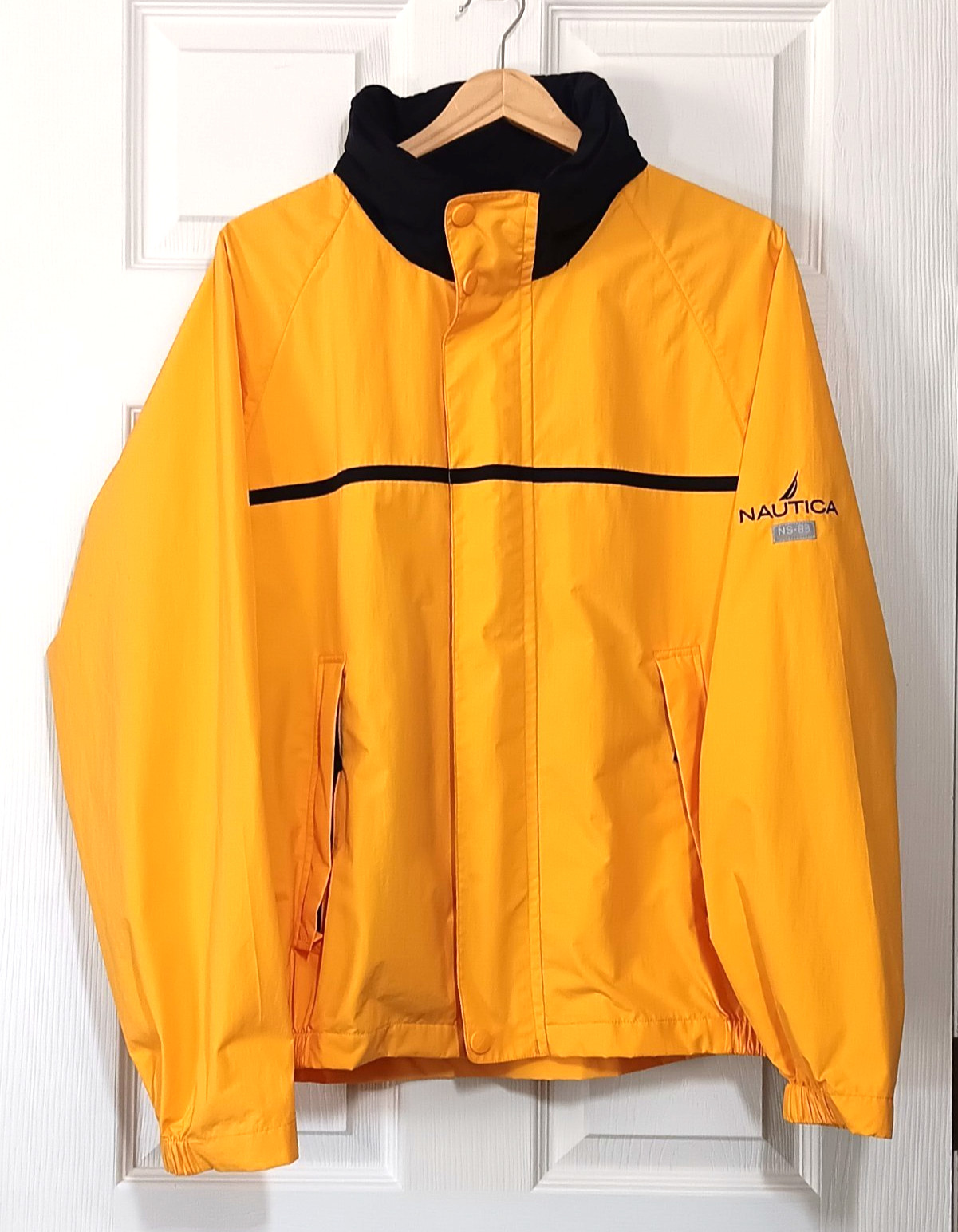 Nautica Sailing Jacket Coat Yellow & Blue w/Hidden Hood Medium Zip Up Boating