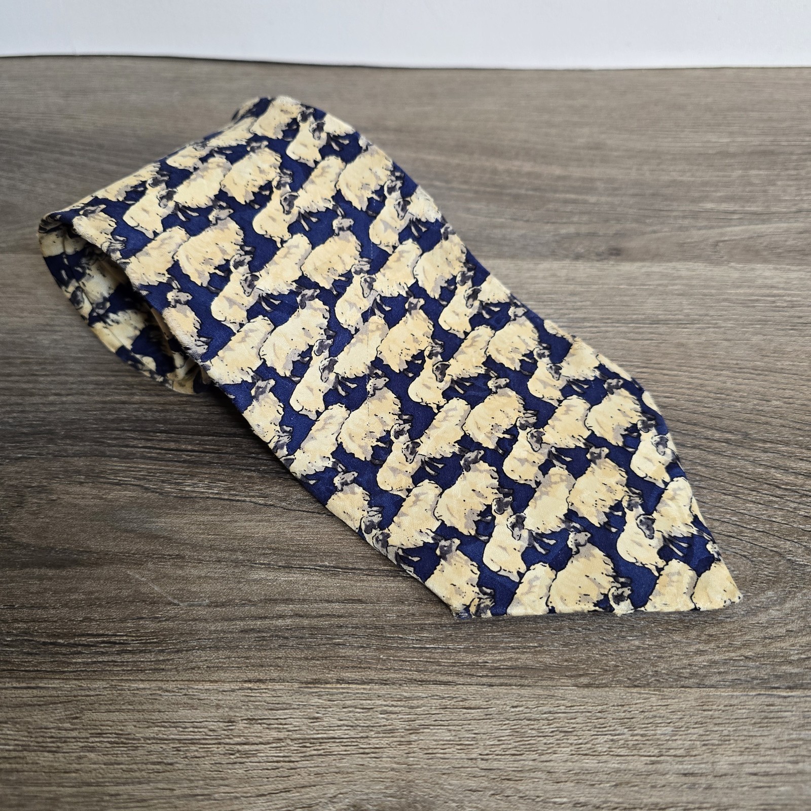 Museum Artifacts Silk Tie Mahogany Cream Flock Of Sheep Motif Necktie 58″