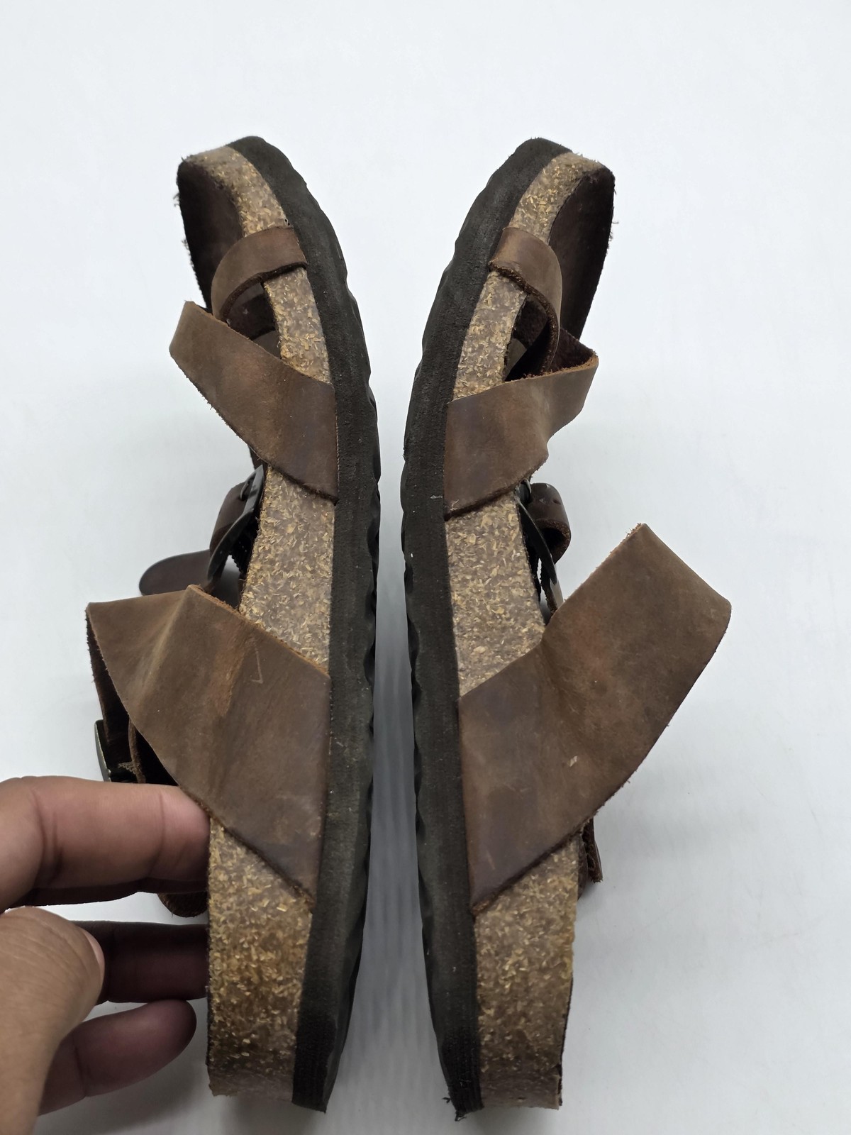 Mountain Sole Sandals Womens Size 6 Brown Leather Strappy Cork Damage Shoes