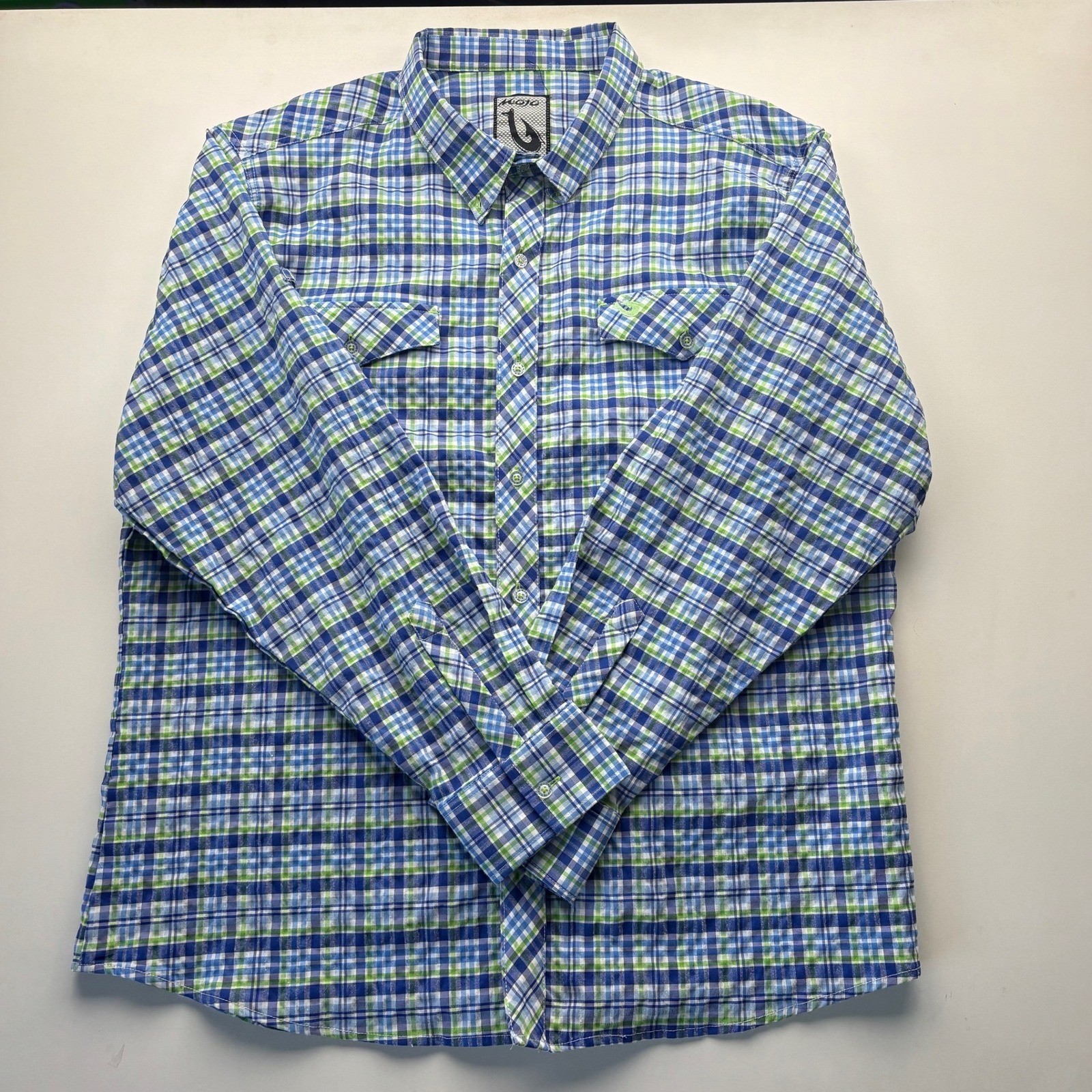 Mojo Fishing Plaid Button Up Shirt Blue Green Long Sleeve Men’s XXL