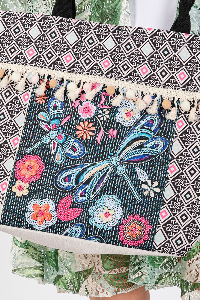 Anthropologie Style Women Boho Pattern Dragonfly Tassel Beach Resort Tote Bag