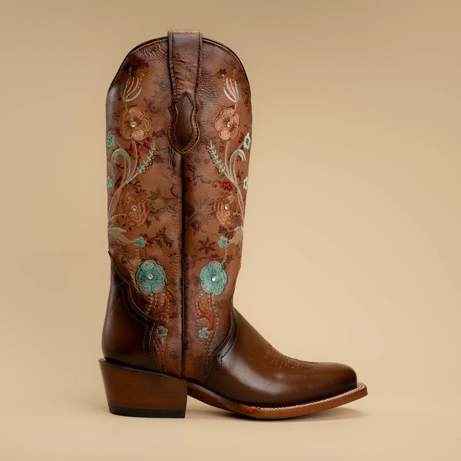 Women’s Rodeo Espresso Brown Turquoise Floral Embroidery Western Cowgirl Boots