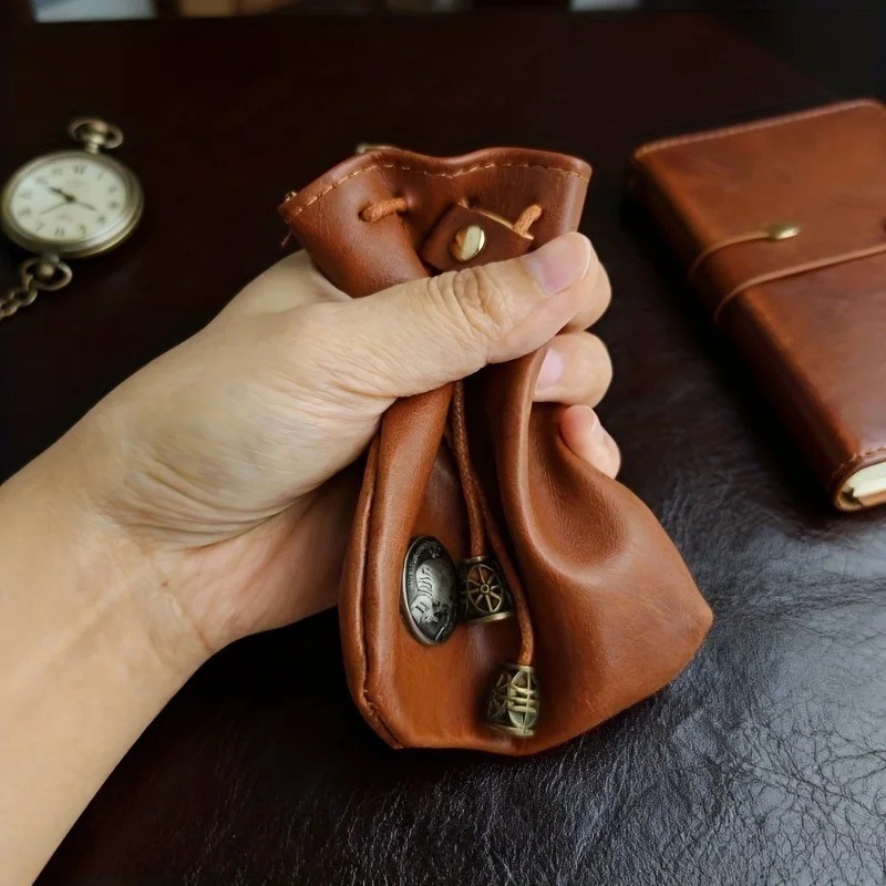 Leather Wallet Coin Pouch Case Drawstring String Bag Small Purse For Men Women