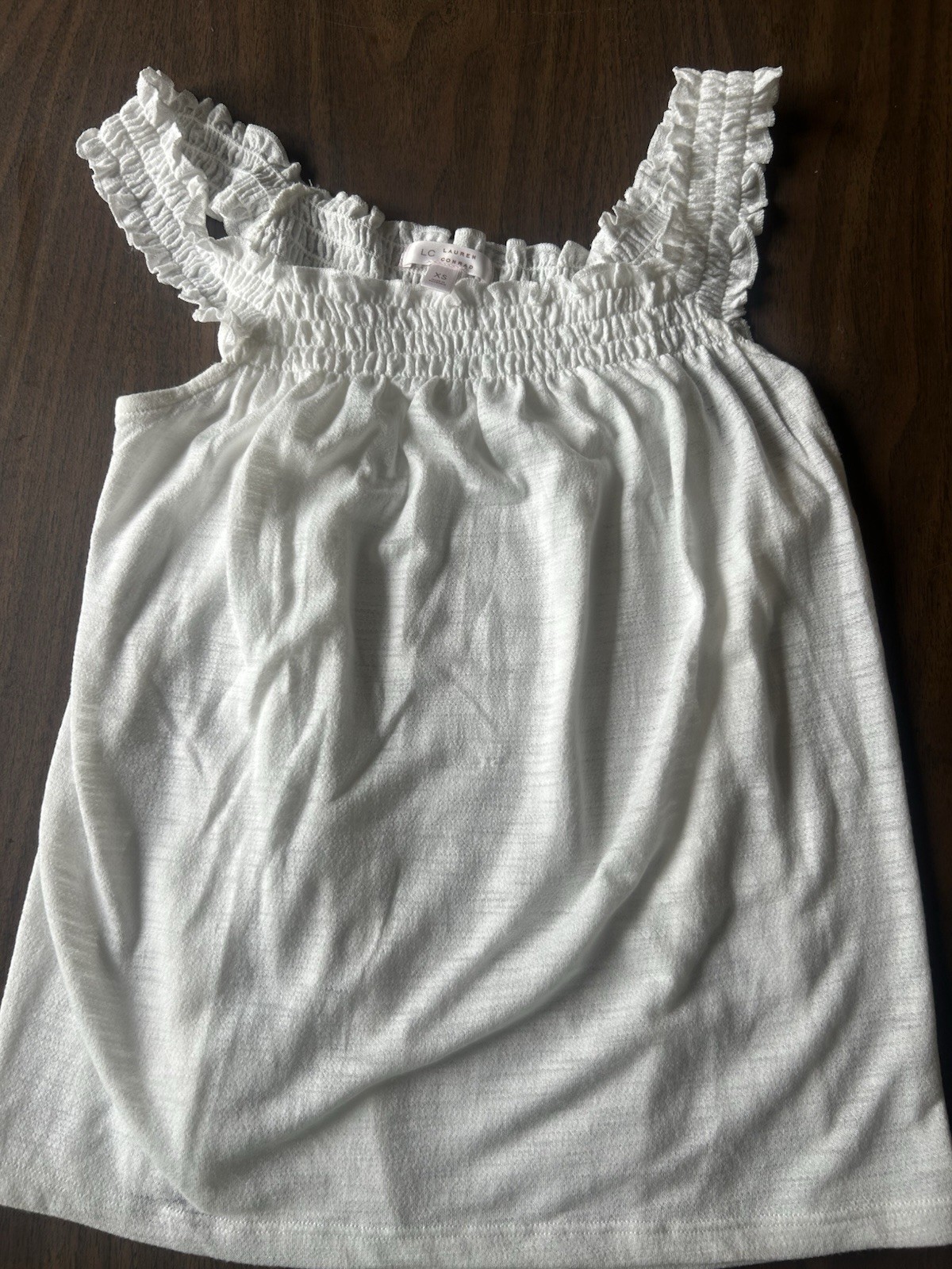 LC Lauren Conrad Women’s White Solid Square Neck Smocked Ruffle Cami XS
