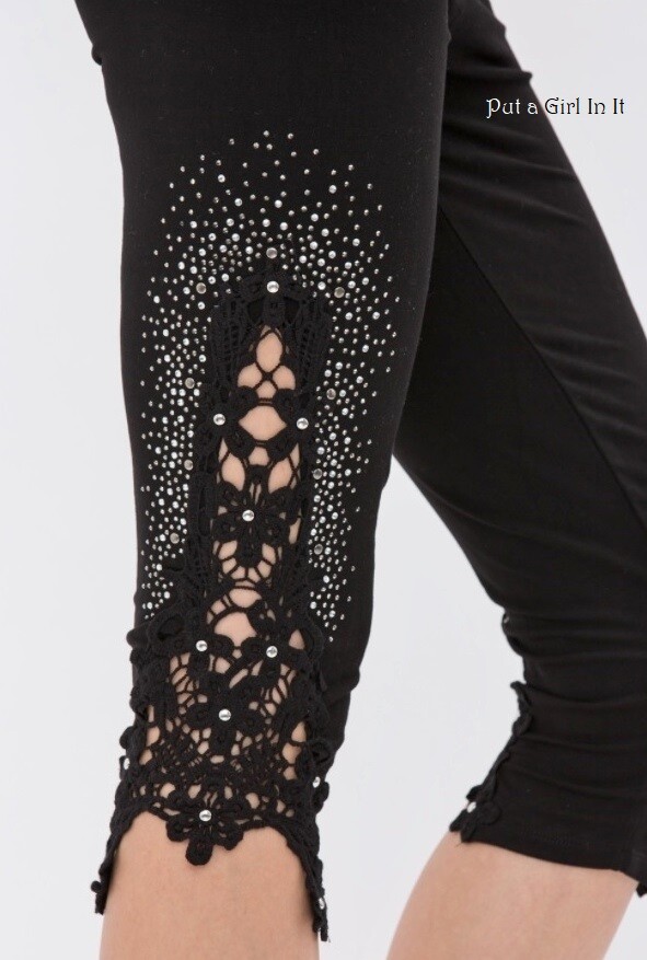 New VOCAL Womens CRYSTAL BLING SOFT BLACK LACE CAPRI LEGGINGS S M L XL 1X 2X 3X