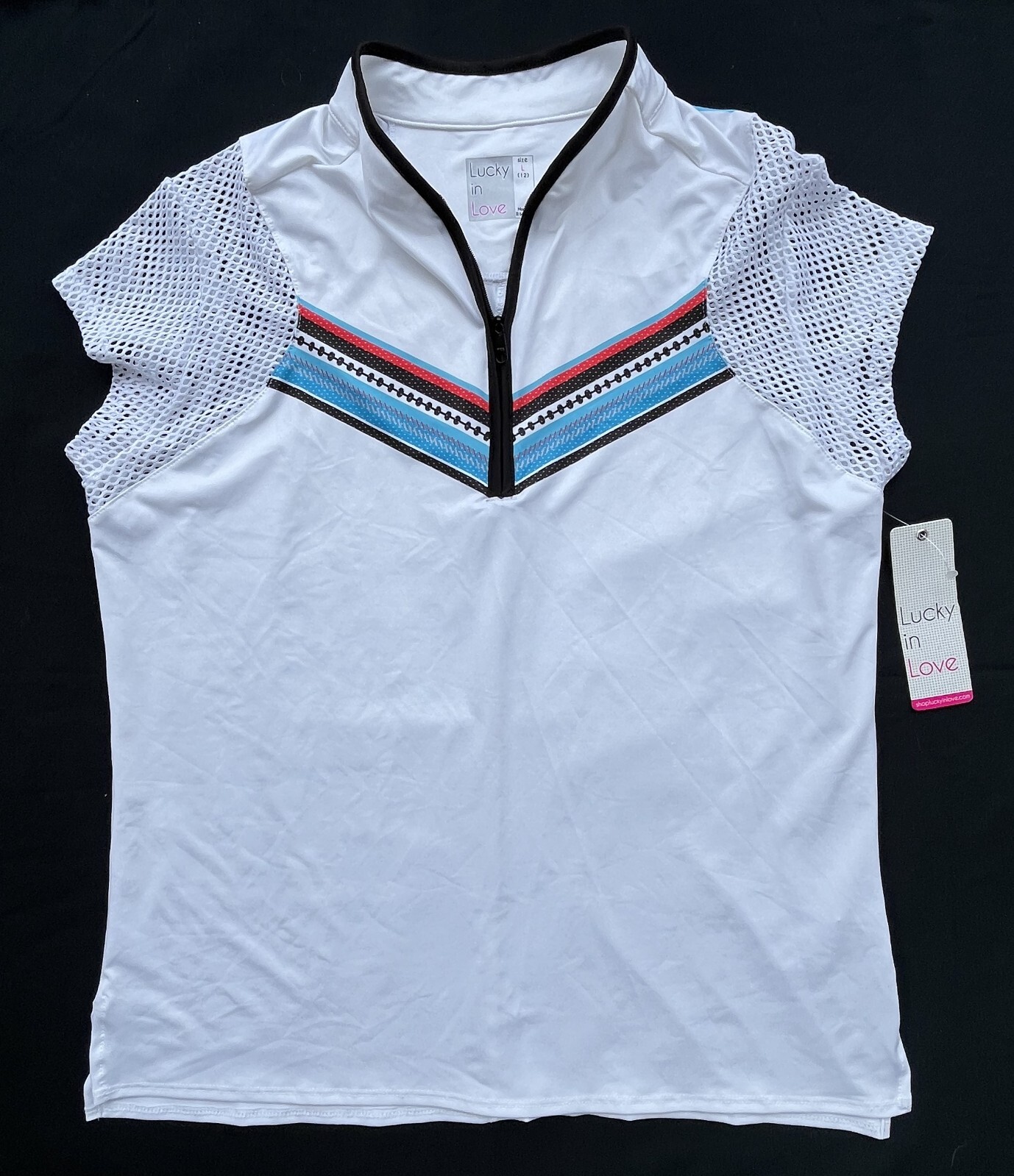 LUCKY IN LOVE Vaportex 1/4 Zip Mesh Cap Sleeve Tennis Top Womens L (12) *NEW*