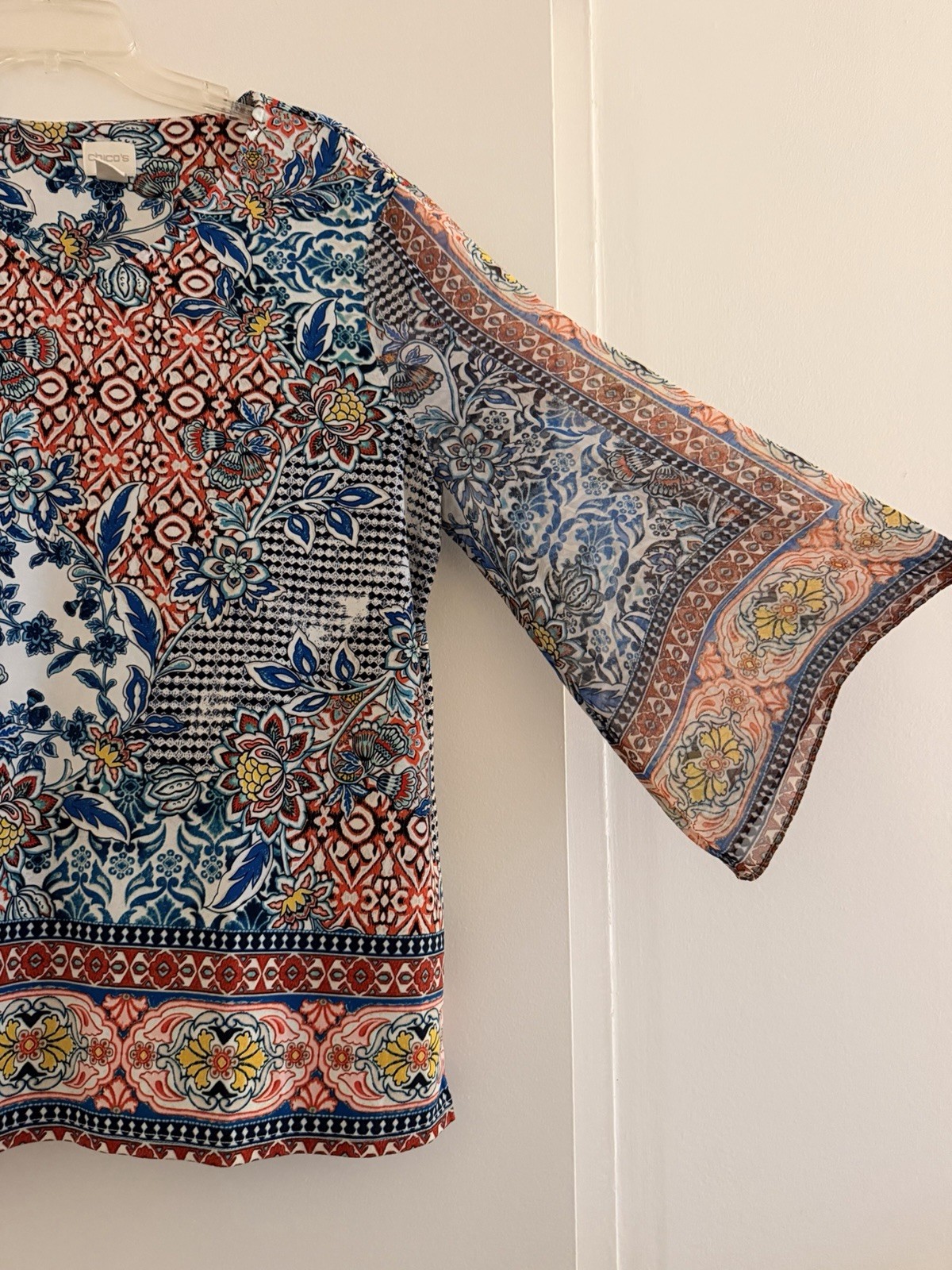 Chico’s Large (2) Floral Patchwork Boho Blouse Blue Coral Bell Sleeve Top