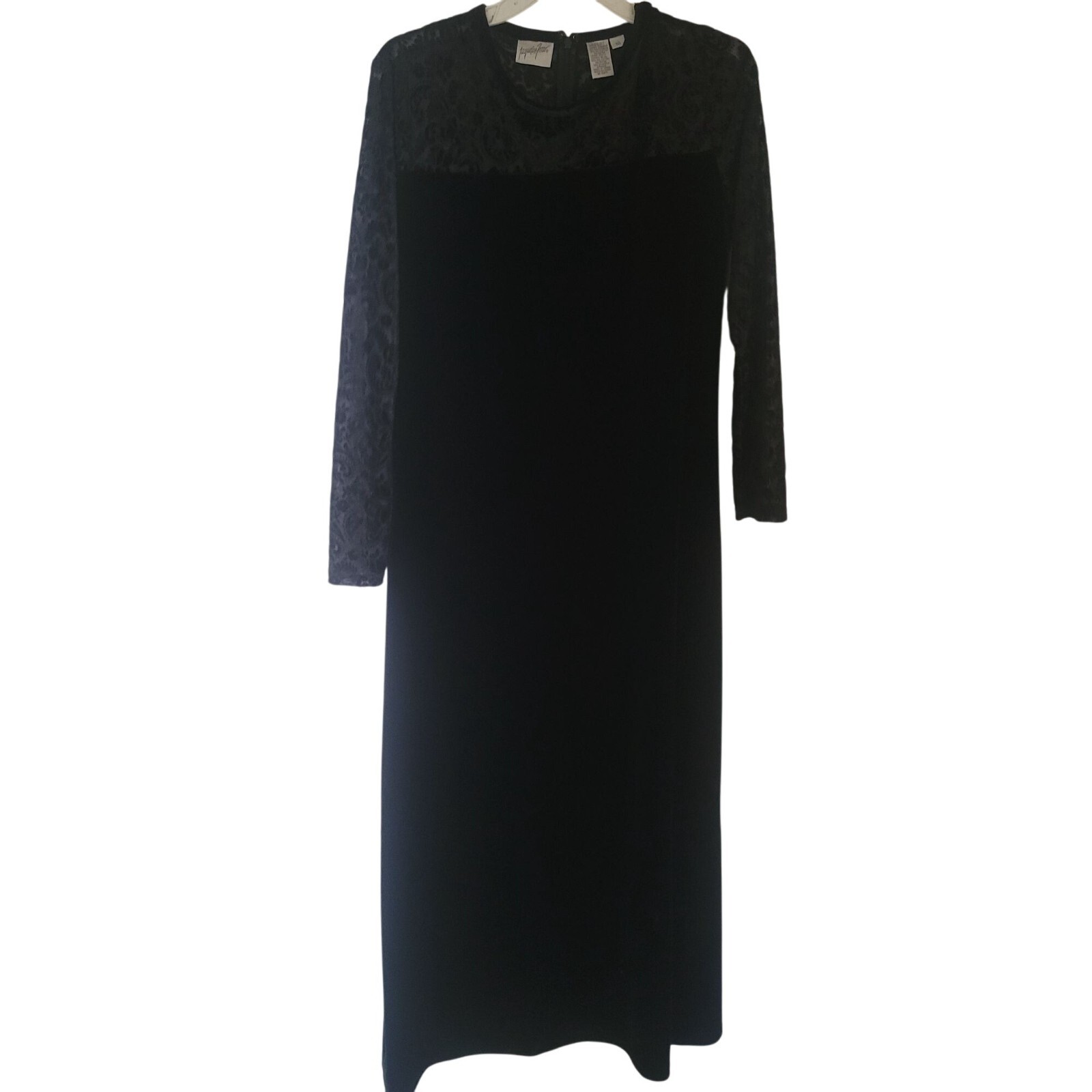 Elegant Black Velvet Evening Gown With Sheer Lace Sleeves & Floral Detail lace