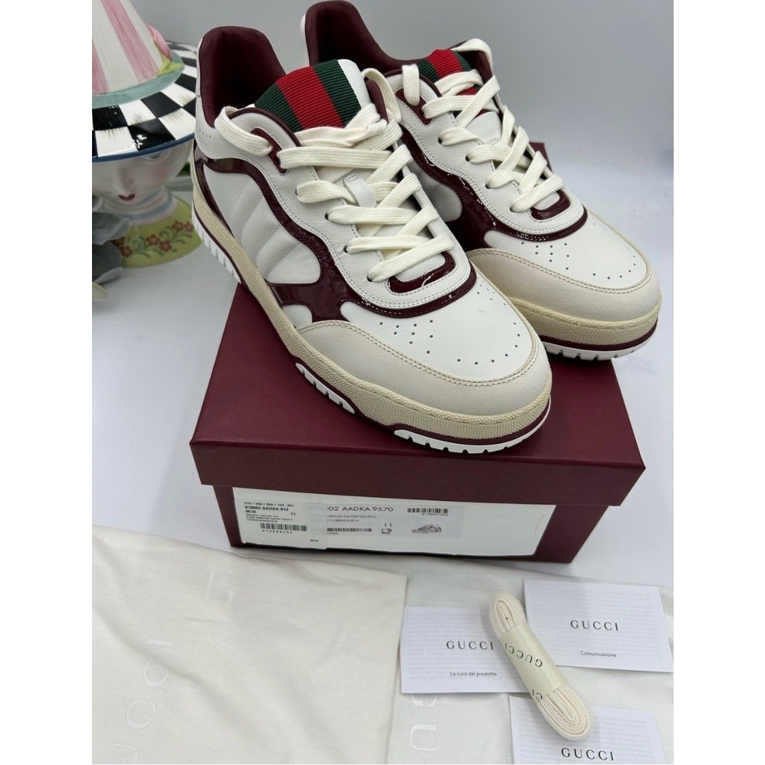 Men’s Gucci re-web sneakers in white leather and patent trim sz 11 fits 11.5 US
