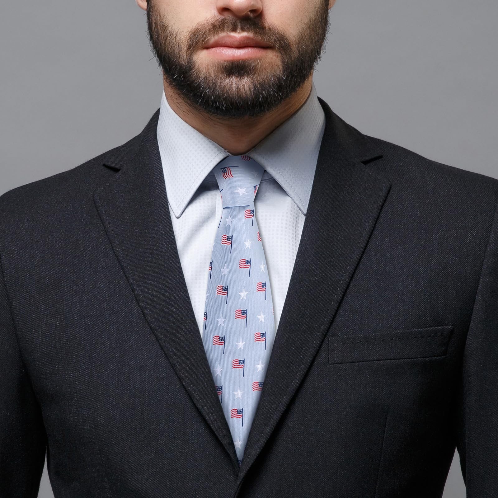 Men’s American Flag Tie Set 3.27″ (8.3CM) USA Flag Neckties and Pocket Sky Blue