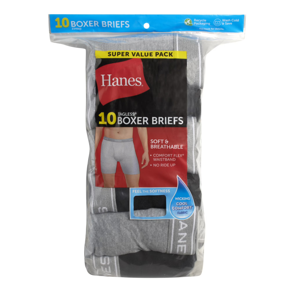 Hanes Men’s Cotton Boxer Briefs 10 Pack Tagless Moisture Wicking Comfort Flex