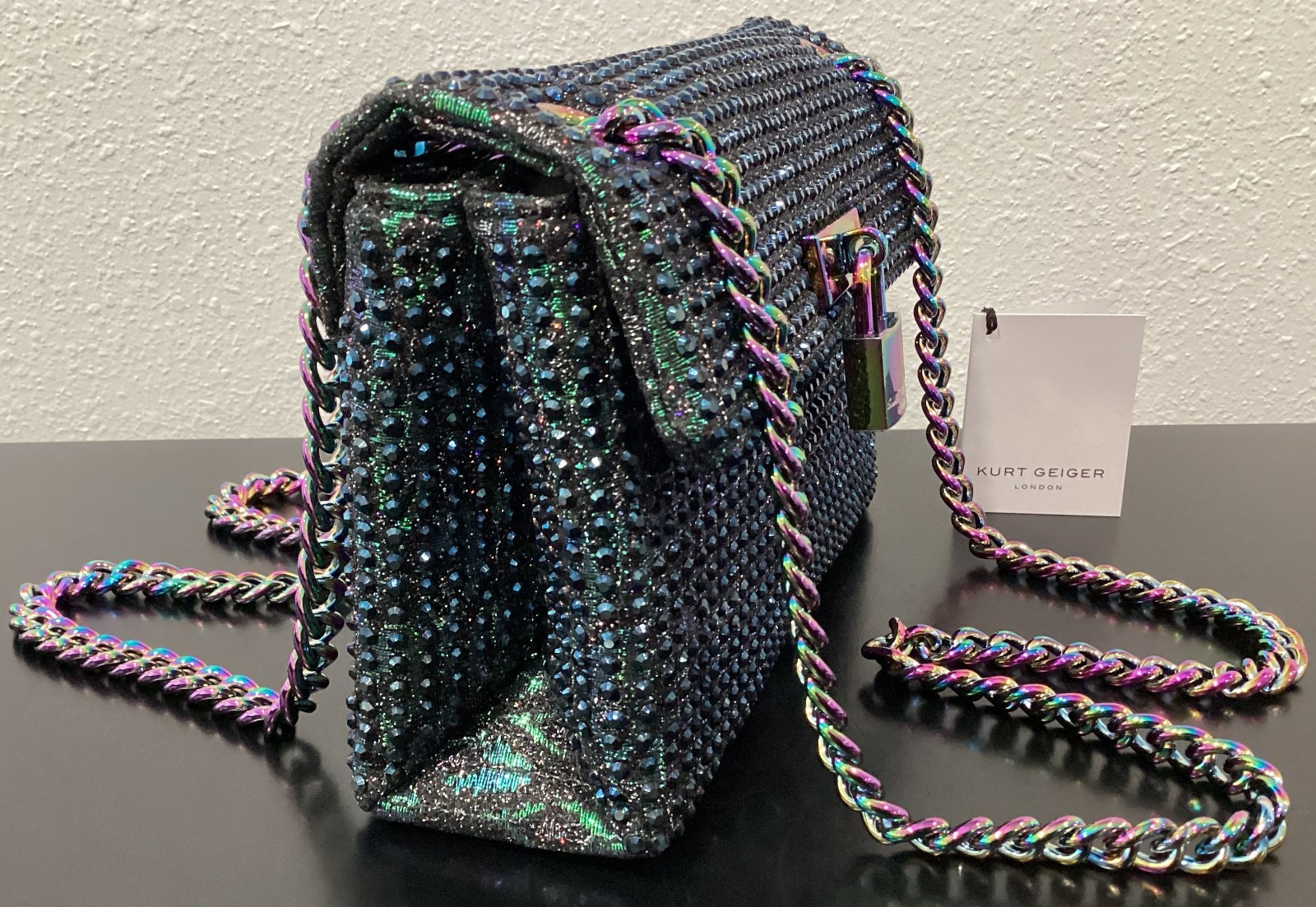 Kurt Geiger Mini Brixton Iridescent 8″x5.5″x2.25″ Lock Metallic Fabric Crystals