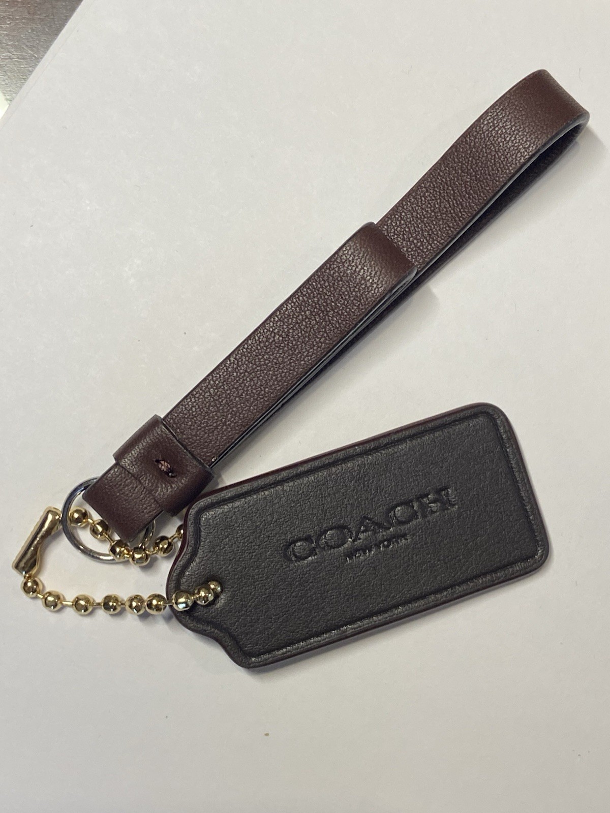 COACH Leather Wristlet Strap & Hang Tag Charm Dark Brown Black Gold (Never use)