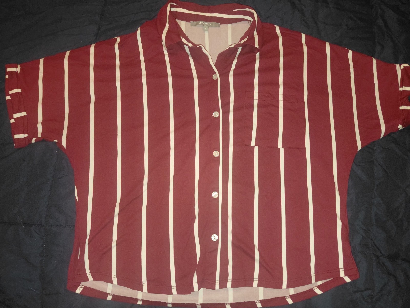 Sweet Rain Burgundy And White Stripe Collared Large Woman’s Button Up Blouse