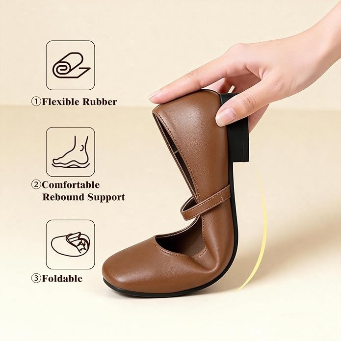 Mary Jane Flats Square Toe -Soft PU Brown Leather Ballet Shoes Slip On US 7